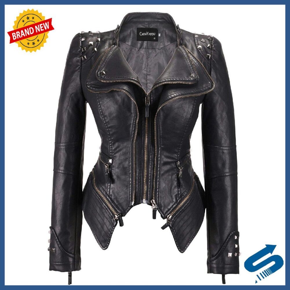 Faux Leather Moto Jacket Studded Detachable Hem Perfect Shaping